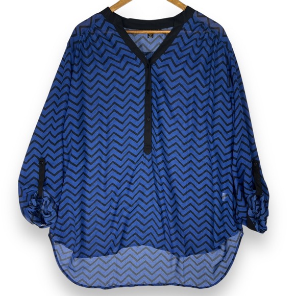 MacDougal and Houston Blue Black Chevron Blouse Roll‎ Tab Sleeve Semi-Sheer 2X - Picture 1 of 15